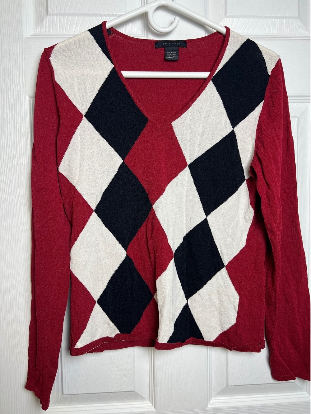 The Limited Women's Large Argyle V-Neck Fine Gauge Knit Top Red Navy Cream